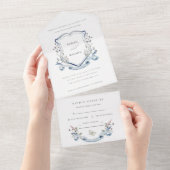 Blue Wildflower Waterverf Monogram Crest Wedding All In One Uitnodiging (Afscheurbaar)
