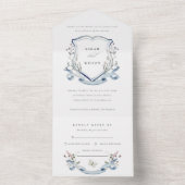 Blue Wildflower Waterverf Monogram Crest Wedding All In One Uitnodiging (Binnen)
