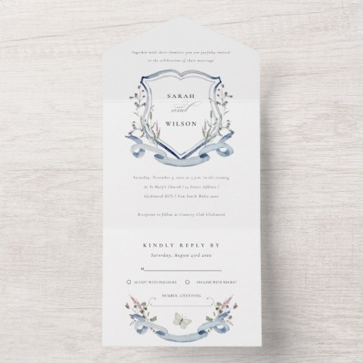 Blue Wildflower Waterverf Monogram Crest Wedding All In One Uitnodiging (Binnen)
