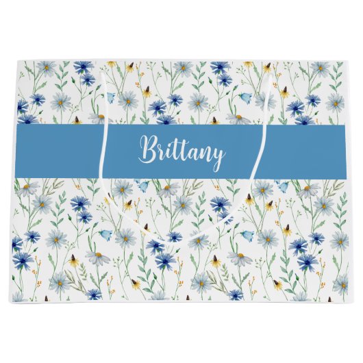 Blue Wildflower Waterverf Monogram Naam Groot Cadeauzakje (Voorkant)