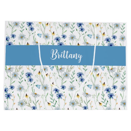 Blue Wildflower Waterverf Monogram Naam Groot Cadeauzakje (Achterkant)