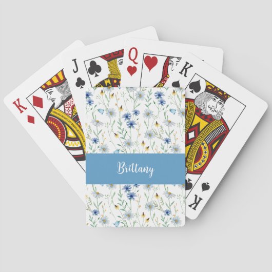 Blue Wildflower Waterverf Monogram Naam Pokerkaarten (Achterkant)
