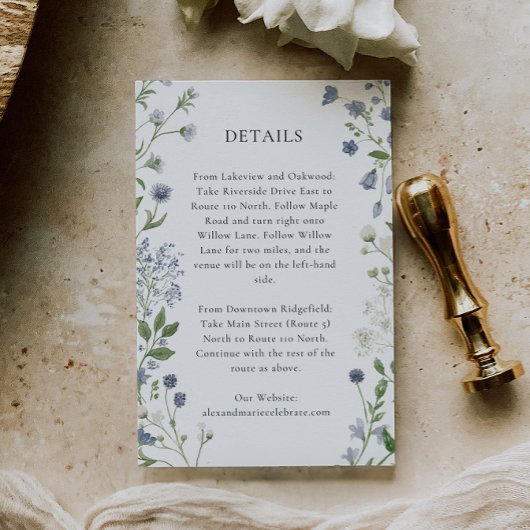 Blue Wildflower Wedding Details Kaart, Waterverf Informatiekaartje