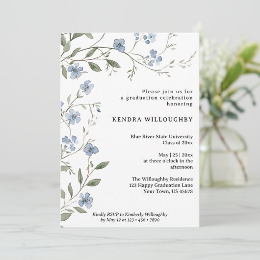 Blue Wildflowers foto Afstuderen uitnodiging (Staand voorkant)