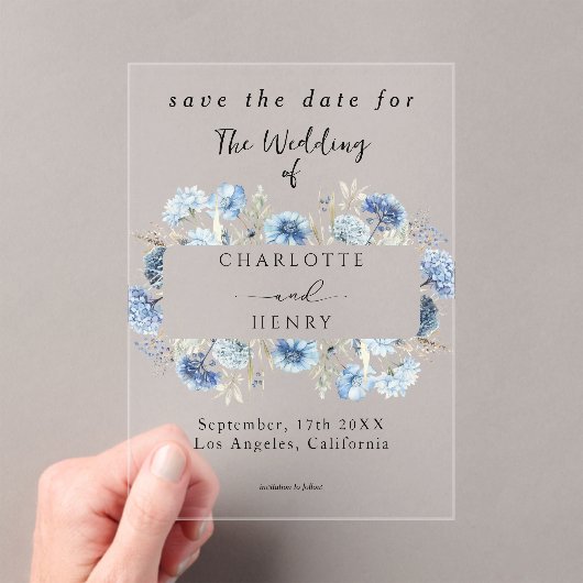 Blue Wildflowers Lijst Elegant Bewaar de datum Acryl Uitnodigingen (Insitu (Draagbaar))