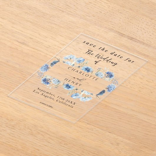 Blue Wildflowers Lijst Elegant Bewaar de datum Acryl Uitnodigingen (Laagn)