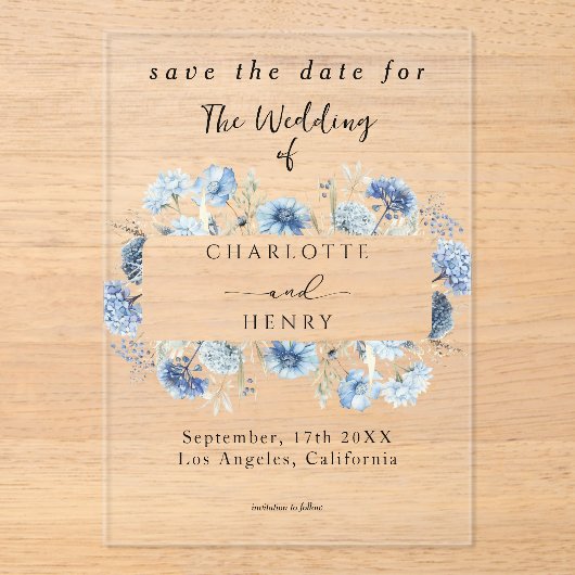 Blue Wildflowers Lijst Elegant Bewaar de datum Acryl Uitnodigingen (Voorkant)