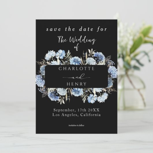 Blue Wildflowers Lijst Elegant Black Wedding Save The Date (Staand voorkant)