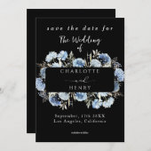 Blue Wildflowers Lijst Elegant Black Wedding Save The Date (Voorkant / Achterkant)