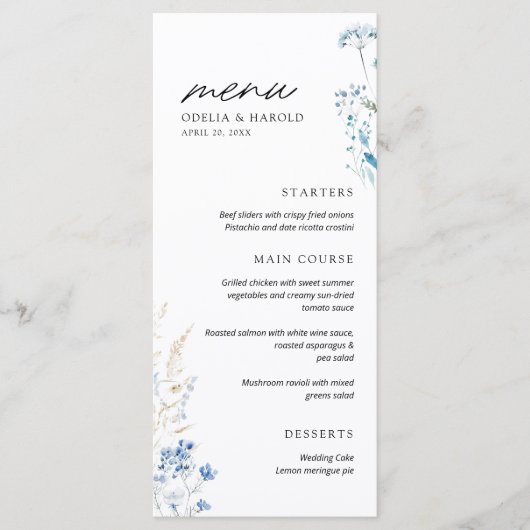 Blue Wildflowers Monogram Huwelijk Flat Menu (Voorkant)