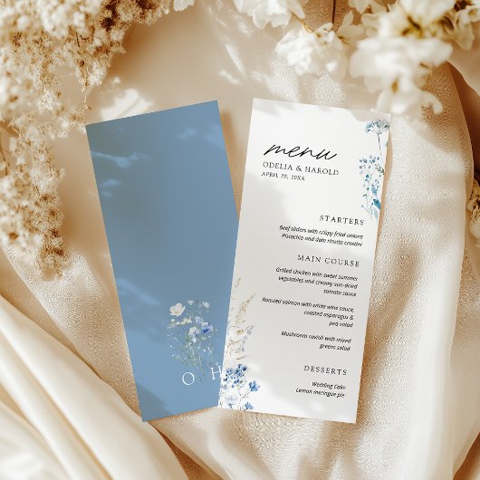 Blue Wildflowers Monogram Huwelijk Flat Menu