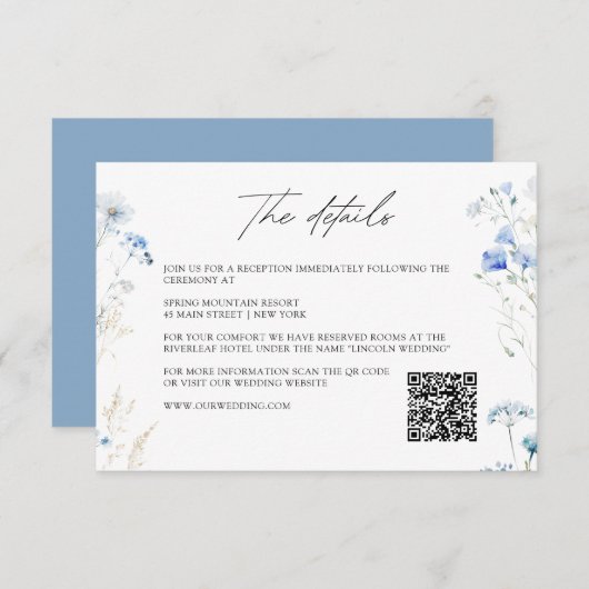 Blue Wildflowers Monogram Wedding Details QR Code Informatiekaartje (Voorkant / Achterkant)