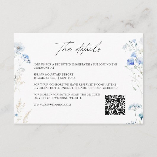 Blue Wildflowers Monogram Wedding Details QR Code Informatiekaartje (Voorkant)