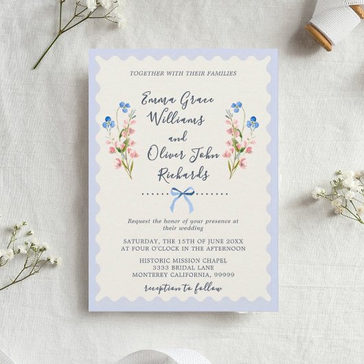 Blue Wildflowers Pink Romantic Garden Wedding Kaart
