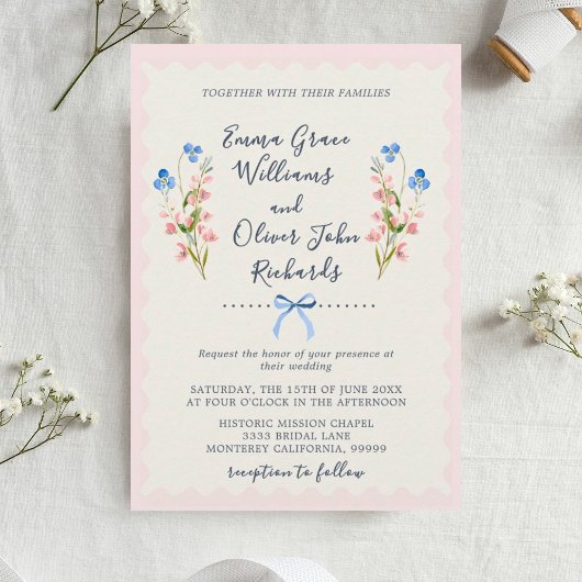Blue Wildflowers Pink Romantic Garden Wedding Kaart