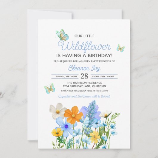 Blue Wildflowers Theme Girl's Birthday Kaart (Voorkant)