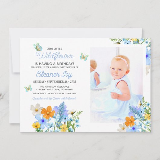 Blue Wildflowers Theme Girl's verjaardagsfeestje Kaart (Voorkant)