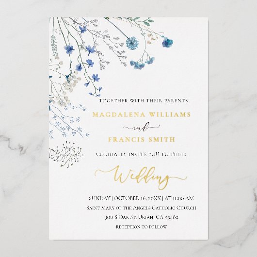 blue wildflowers winter wedding folie uitnodiging (Voorkant)