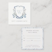 Blue Wilflower Crest Monogram Cadeaubon Vierkante Visitekaartje (Voorkant / Achterkant)