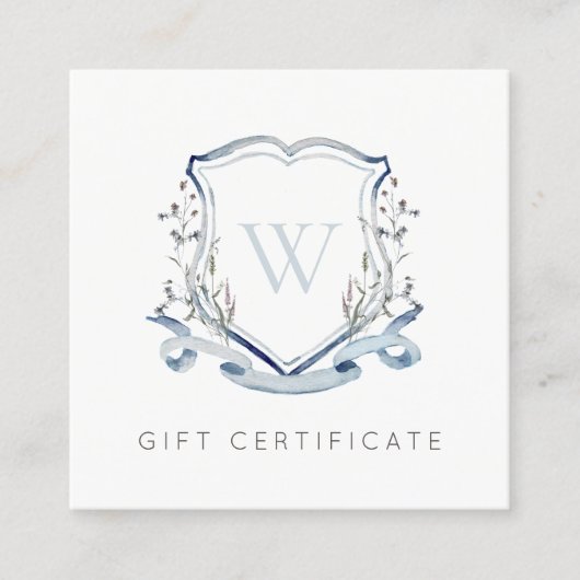 Blue Wilflower Crest Monogram Cadeaubon Vierkante Visitekaartje (Voorkant)