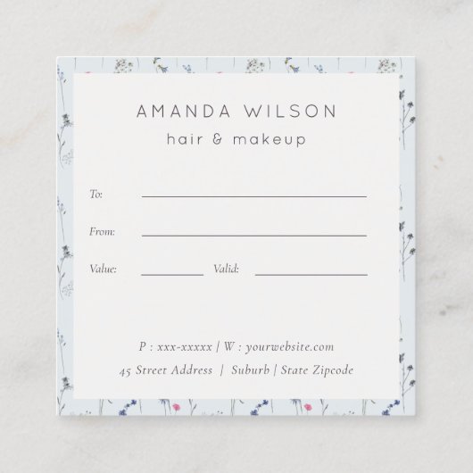 Blue Wilflower Crest Monogram Cadeaubon Vierkante Visitekaartje (Achterkant)