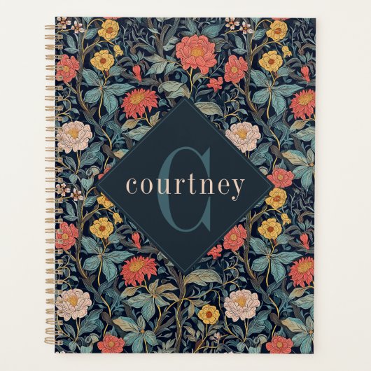 Blue William Morris Floral Elegant Monogram  Planner (Voorkant)