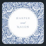 Blue William Morris Wedding Vierkante Sticker<br><div class="desc">Deze klassieke ronde trouwstickers zijn voorzien van het elegante Golden Lilies-patroon van William Morris, die de randen omhult met botanische charme in zachte pasteltinten. In het centrum zijn de namen en trouwdatum van het paar prachtig geshowd, waardoor deze stickers perfect zijn voor het afdichten van enveloppen, het versieren van huwelijksgunsten...</div>