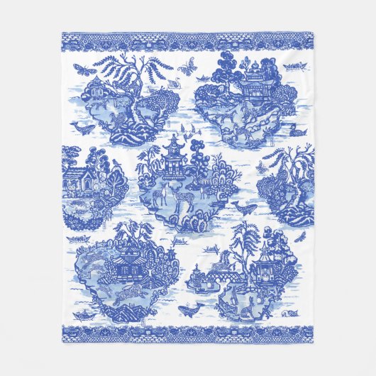 Blue Willow Animal Pagoda Asian Pattern Fleece Deken (Voorkant)