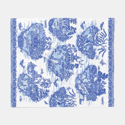 Blue Willow Animal Pagoda Asian Pattern Fleece Deken (Voorkant (Horizontaal))