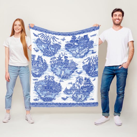 Blue Willow Animal Pagoda Aziatisch  Patroon Fleece Deken (In situ)