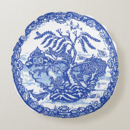 Blue Willow Animal Pagoda Garden Scene Chinoiserie Rond Kussen