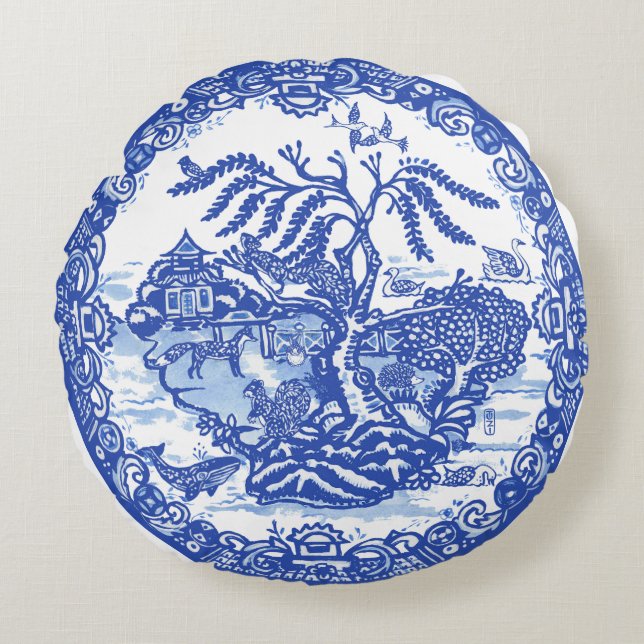 Blue Willow Animal Pagoda Garden Scene Chinoiserie Rond Kussen (Voorkant)