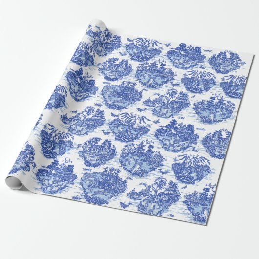 Blue Willow Animal Rabbit Deer Fox Toile Cadeaupapier (Uitgerold)