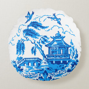 Blue Willow Blue and White China Pillow Rond Kussen