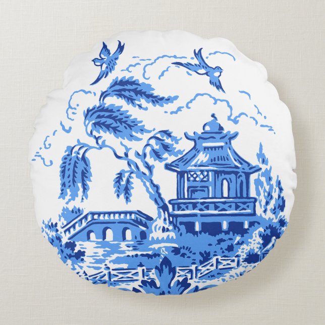 Blue Willow Blue and White China Pillow Rond Kussen (Voorkant)
