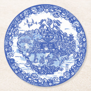 Blue Willow Bunny Rabbit FloraI Isle of Animals Ronde Kartonnen Onderzetter