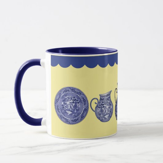 Blue Willow China Bord Pitcher Jug op Geel Mok (Links)