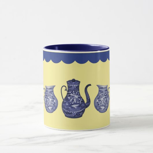 Blue Willow China Bord Pitcher Jug op Geel Mok (Midden)