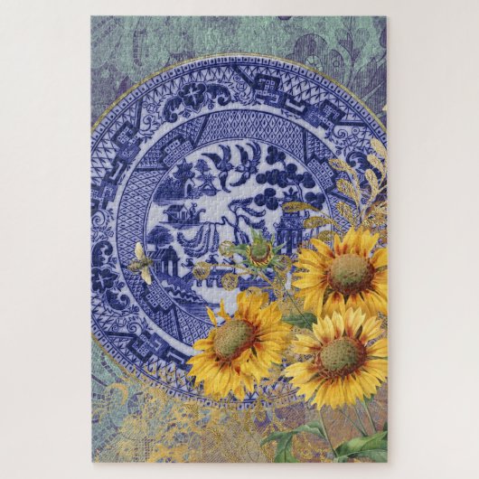 Blue Willow China Bord & Sunflower Design Legpuzzel (Verticaal)