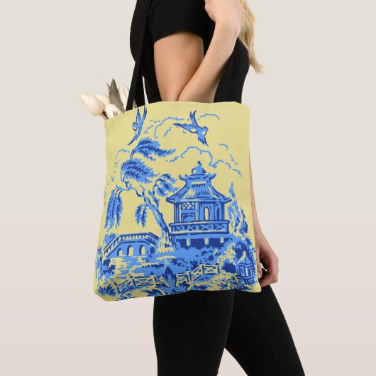 Blue Willow China op Butter Yellow Canvas tas (Dichtbij)