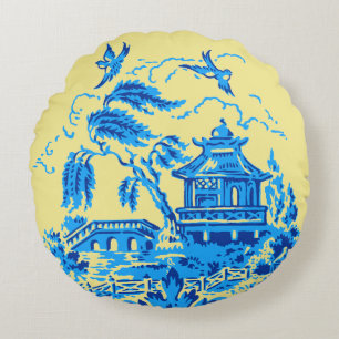 Blue Willow China op Butter Yellow Pillow Rond Kussen