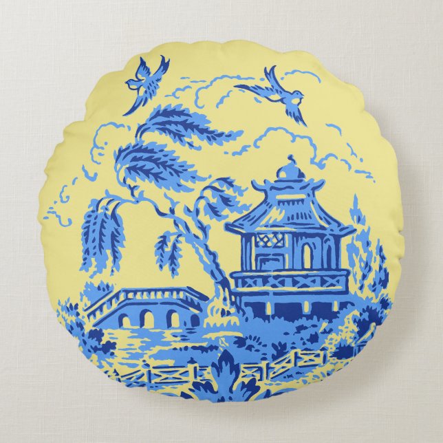 Blue Willow China op Butter Yellow Pillow Rond Kussen (Voorkant)