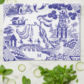Blue Willow China Pattern Antiek  Monogram Theedoek (Gevouwen)