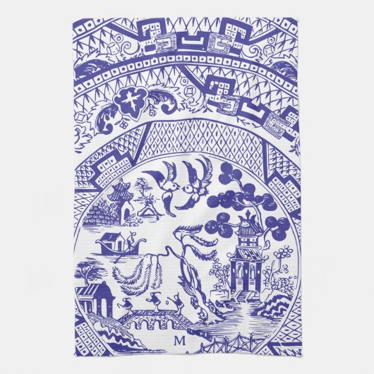 Blue Willow China Pattern Antiek  Monogram Theedoek (Verticaal)