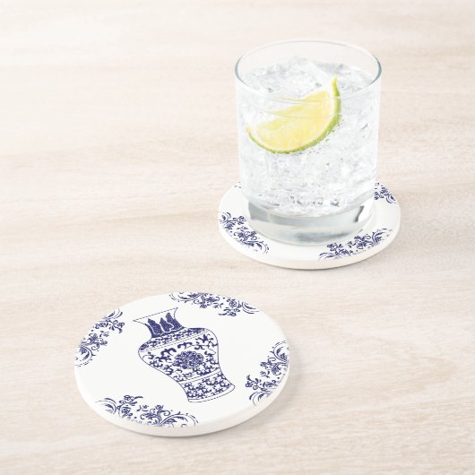 Blue Willow Chinoiserie Blue en White Ginger Jar Zandsteen Onderzetter (Zijkant)