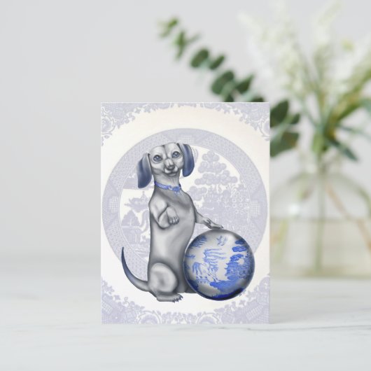 Blue Willow Dachshund Briefkaart (Staand voorkant)