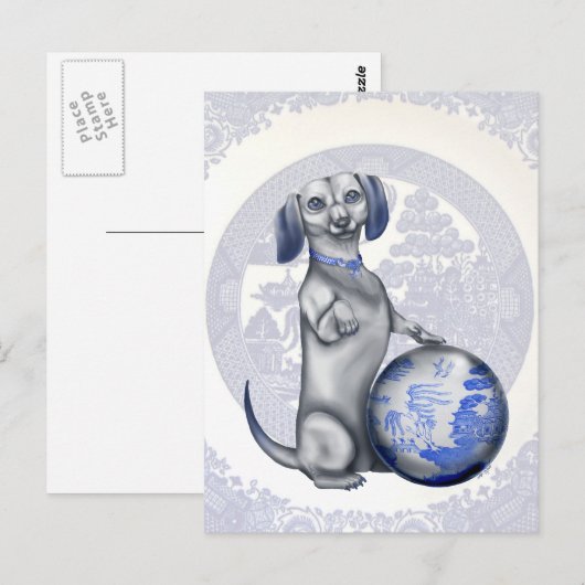 Blue Willow Dachshund Briefkaart (Voorkant / Achterkant)