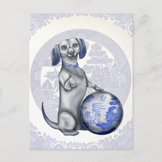 Blue Willow Dachshund Briefkaart (Voorkant)