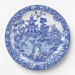 Blue Willow Deer Asian Temple Garden Art Papieren Bordje