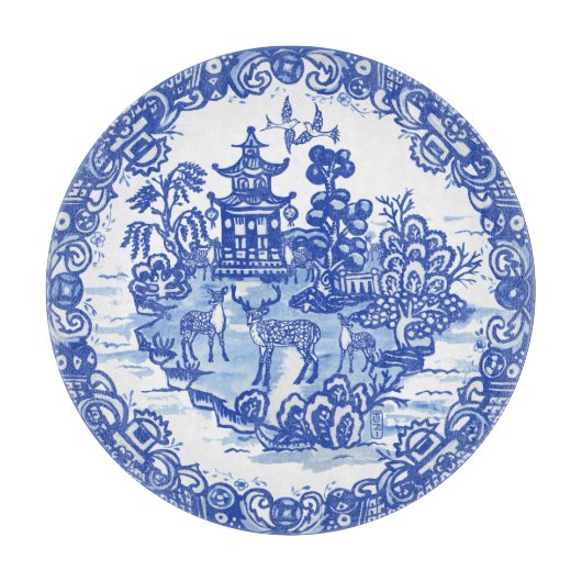 Blue Willow Deer Herd Antiek Pagoda Phoenix Cutti Snijplank (Voorkant)